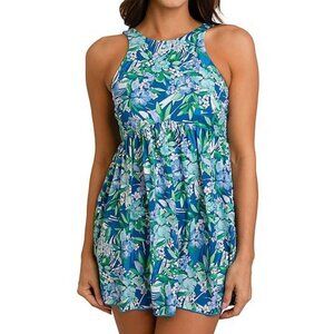 Fit 4 U Babydoll Swimdress Womens 10 Blue Floral High Neck Thigh Minimizing NEW